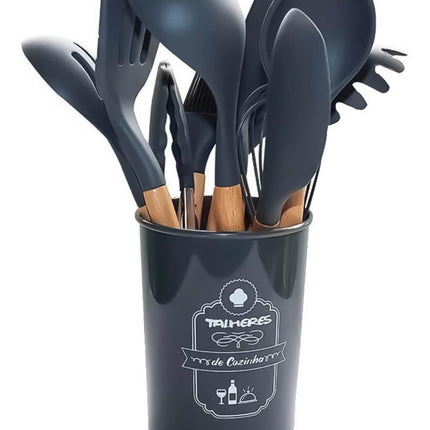 Kit Utensilios de Cocina Silicona con Mango de Madera - 12 Piezas
