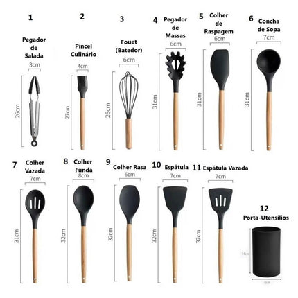 Kit Utensilios de Cocina Silicona con Mango de Madera - 12 Piezas