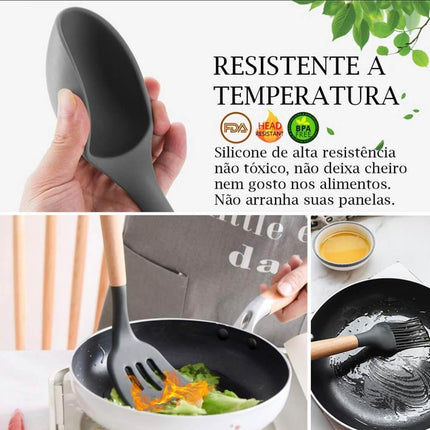 Kit Utensilios de Cocina Silicona con Mango de Madera - 12 Piezas