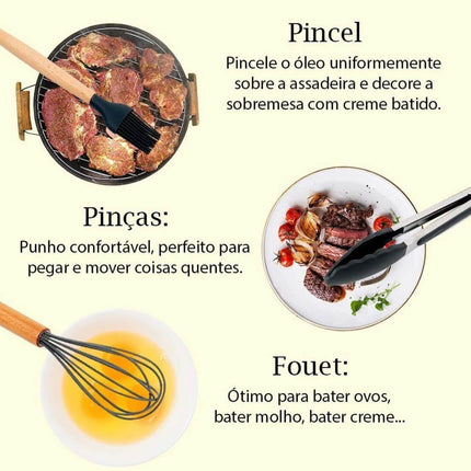 Kit Utensilios de Cocina Silicona con Mango de Madera - 12 Piezas
