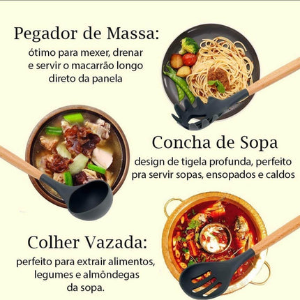 Kit Utensilios de Cocina Silicona con Mango de Madera - 12 Piezas