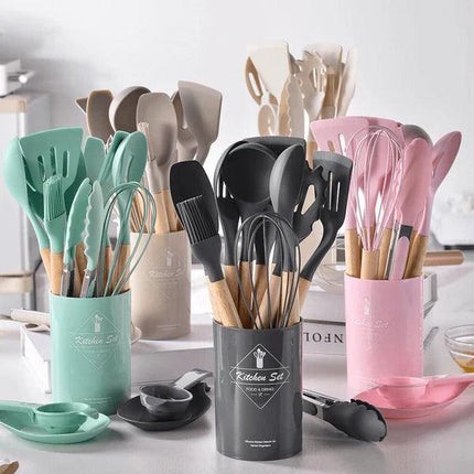 Kit Utensilios de Cocina Silicona con Mango de Madera - 12 Piezas