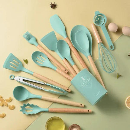 Kit Utensilios de Cocina Silicona con Mango de Madera - 12 Piezas