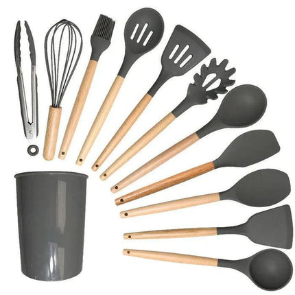 Kit Utensilios de Cocina Silicona con Mango de Madera - 12 Piezas