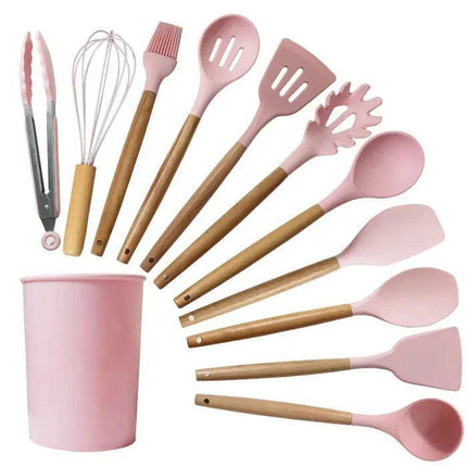 Kit Utensilios de Cocina Silicona con Mango de Madera - 12 Piezas