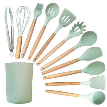 Kit Utensilios de Cocina Silicona con Mango de Madera - 12 Piezas
