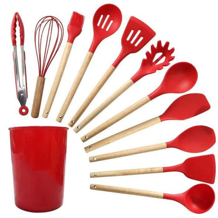 Kit Utensilios de Cocina Silicona con Mango de Madera - 12 Piezas